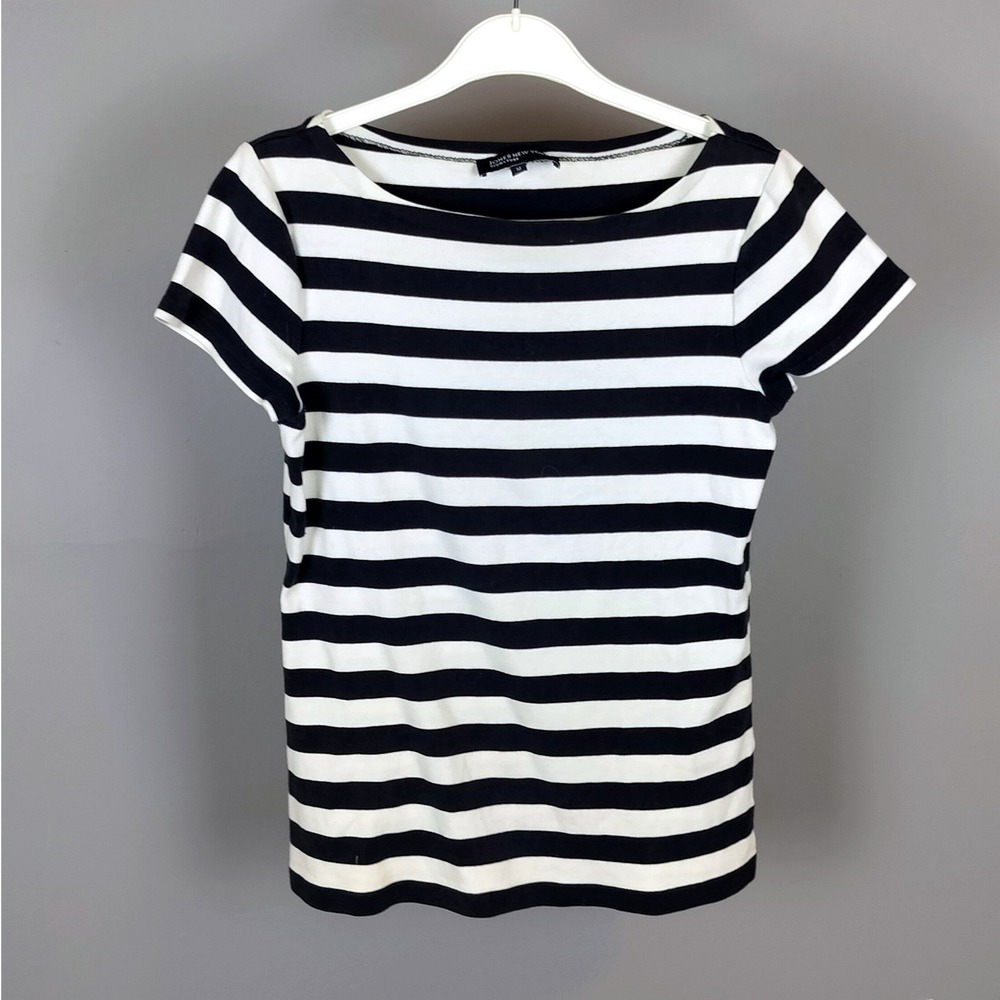 Jones New York Cotton‎ Striped Boat Neck Shirt Medium Navy White Short Sleeve